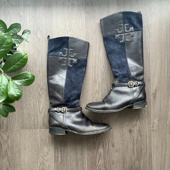 Tory Burch Navy Blue Leather and Suede Logo Boots - Picture 1 of 9